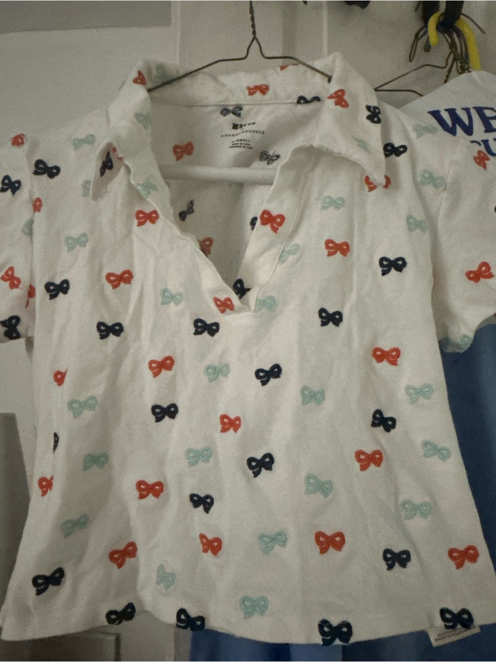 XS cropped Anthropologie Multi-Colored bow white polo shirt